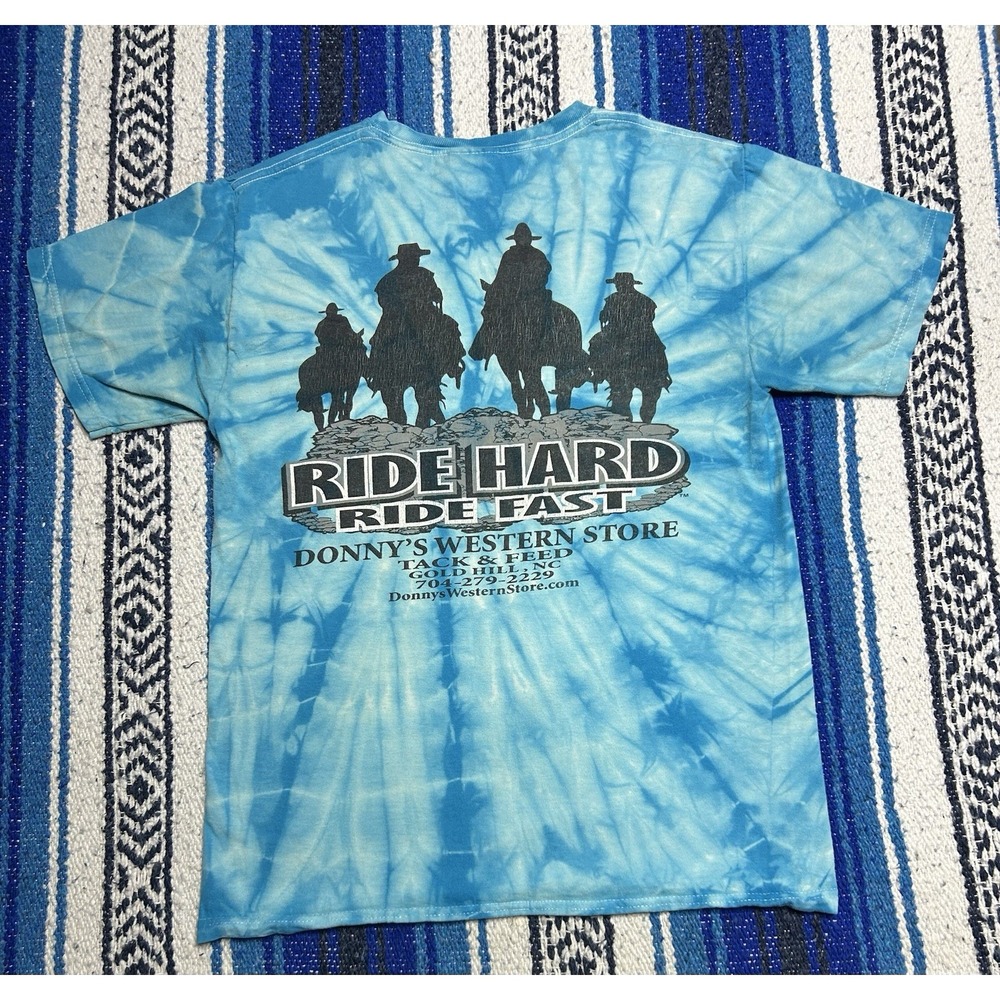 Y2K Donnys Western Store Men's Small Tie Dye Shirt Cowboy Rodeo Ride Hard NC